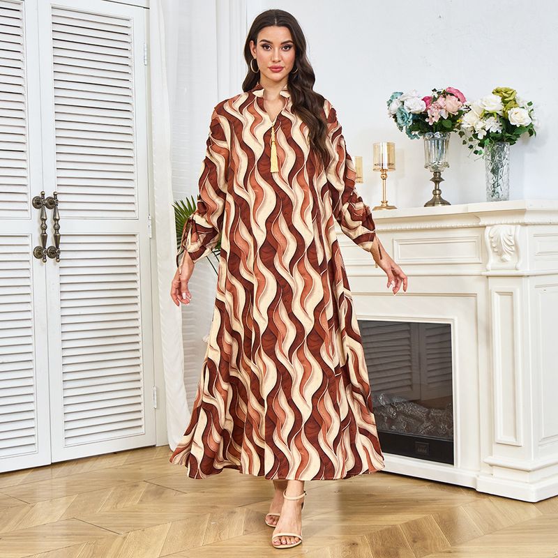 Arab Dubai Summer Women's Clothing Colorful Sexy V-Neck Long Sleeved Dress Muslim Casual Robe_voghion.com