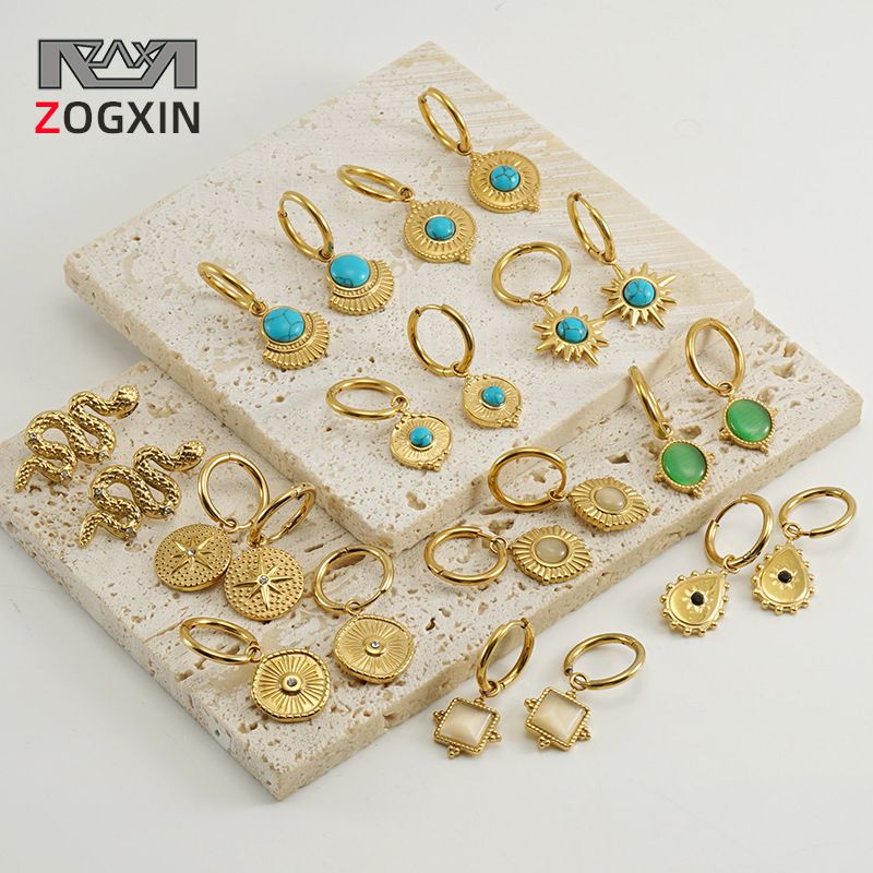 Orecchini a cerchio in acciaio inossidabile con diamanti intarsiati, alla moda, in oro, titanio, blu turchese, geometrici, per donna_voghion.com