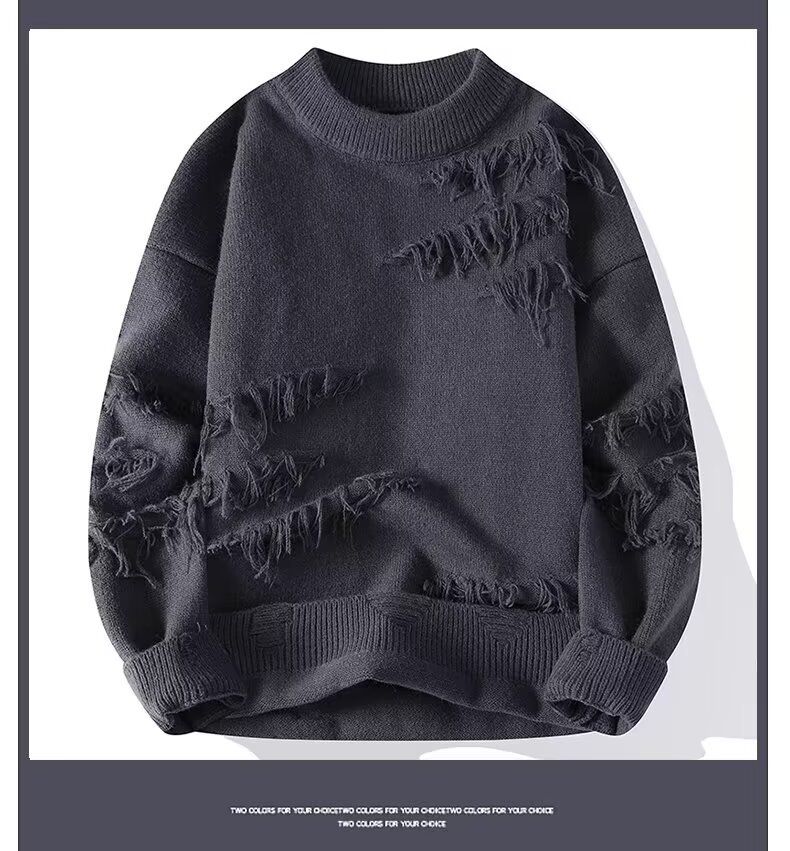 Ropa de mujer Suéter de invierno para hombre, moderno, de color sólido, versátil, cuello redondo, manga larga, base gruesa, suéter de punto con agujeros holgados_voghion.com