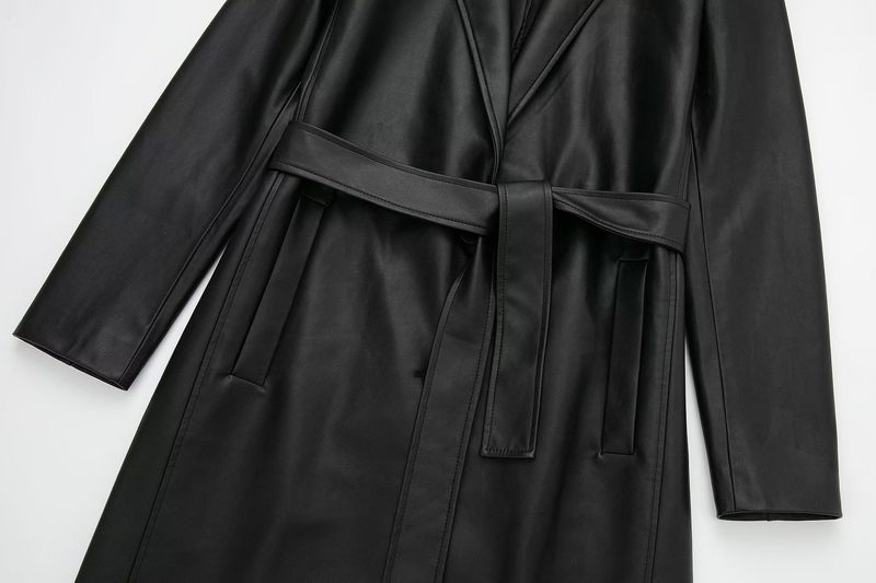 Dames herfst nieuwe mode temperament licht gekookt leer PU zwarte lange trenchcoat_voghion.com