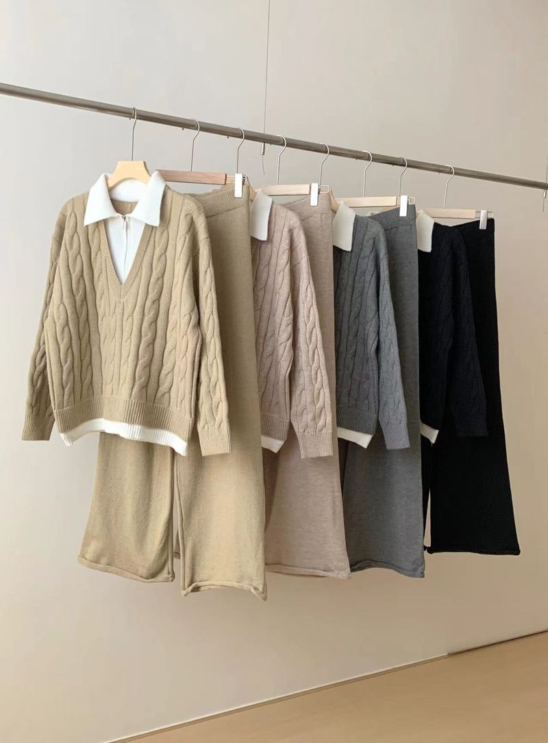 Abbigliamento da donna Set polo in maglia da donna - Top in maglia a trecce e pantaloni a gamba larga, due pezzi_voghion.com