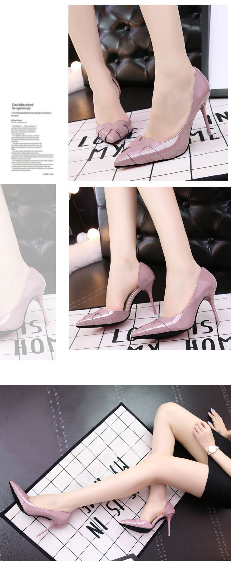 6090-1 Korean version slimming women's shoes with thin high heels, side hollowed out pointed solid color patent leather,_voghion.com