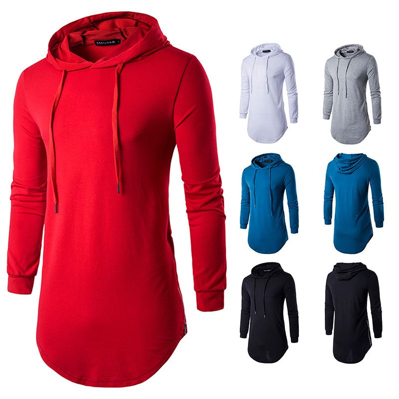 Maglietta a maniche lunghe con cappuccio, tinta unita, vestibilità slim, da uomo, di qualità imbattibile, primavera 2021_voghion.com