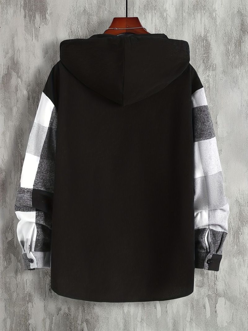 Men's Long Sleeve Casual Shirt With Hood & Pocket, Plaid Pattern, Thickened Cotton Blend, Relaxed Fit For Winter & Spring_voghion.com
