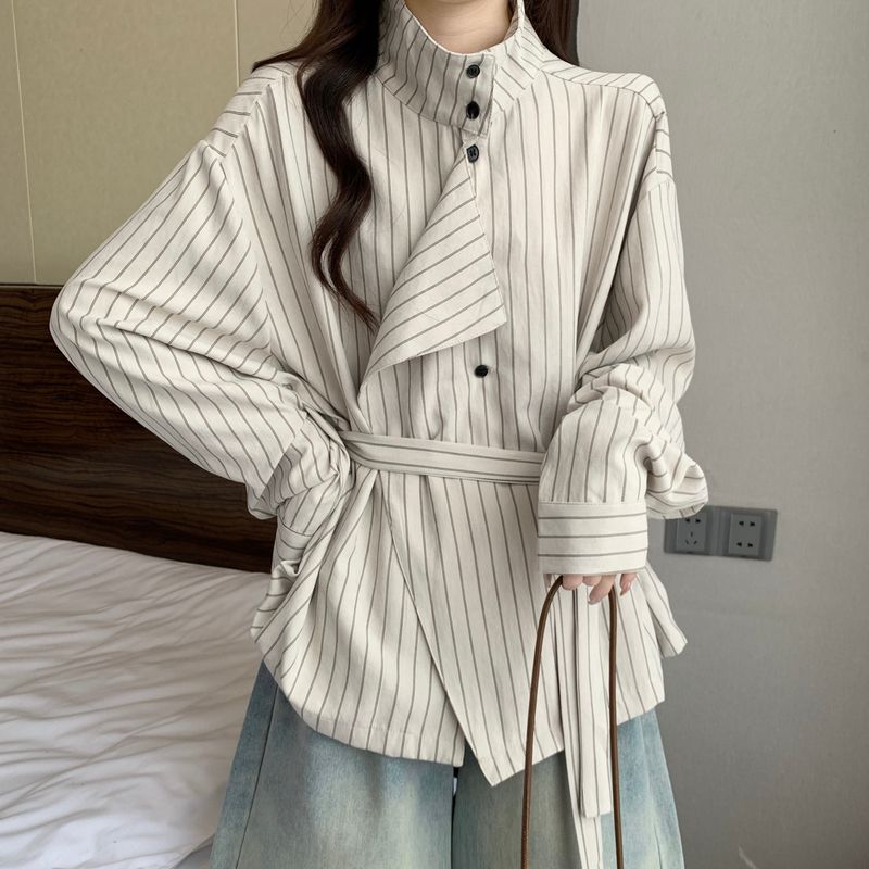 Irregular Long Sleeve Striped Turtleneck Shirt For Women, Autumn And Winter, Plus Size, Designed To Slim_voghion.com