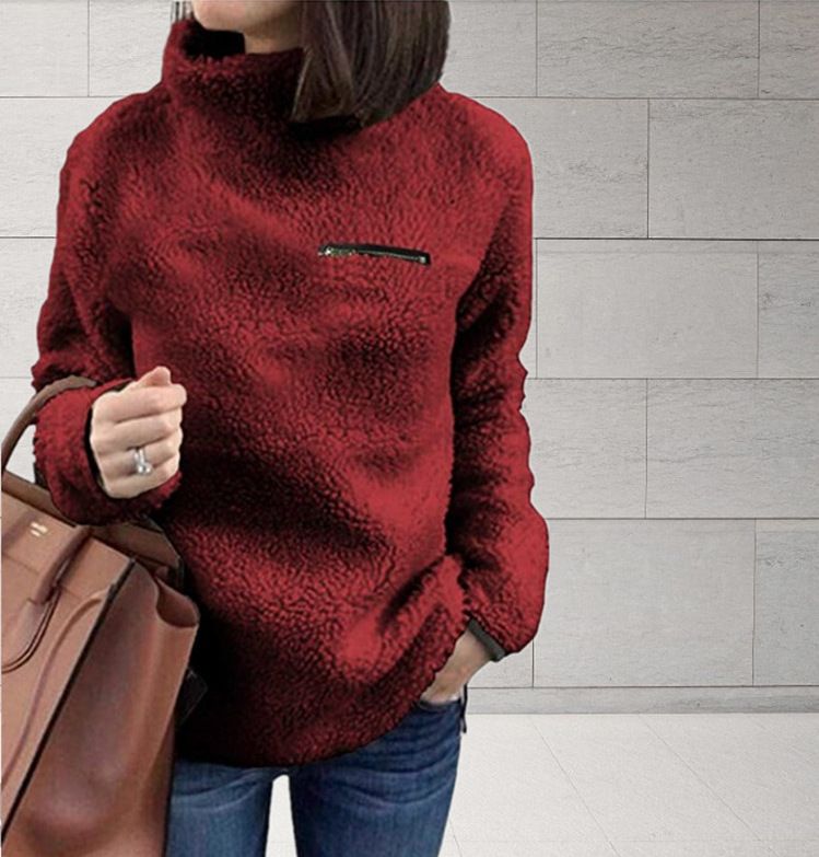 Women's fleece solid color pullover fashion zipper turtleneck bottom hoodie_voghion.com
