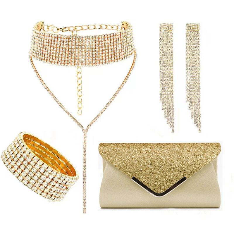Set di gioielli da donna - Elegante collana con frange geometriche in strass, orecchini, bracciale, pochette, accessori da sera e da festa, 4 pezzi_voghion.com