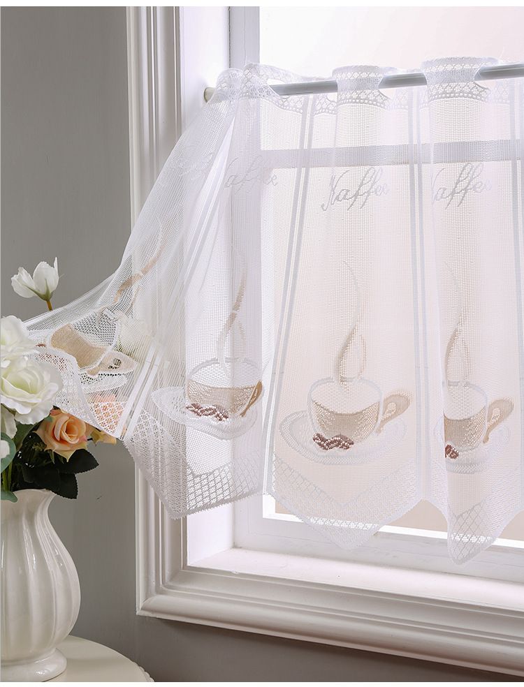 Sheer Lace Curtain For Kitchen, Bathroom & Balcony, 3 Sizes (150×45/180×45/225×45cm), White Polyester Voile Partition Drape With Scalloped Edge_voghion.com