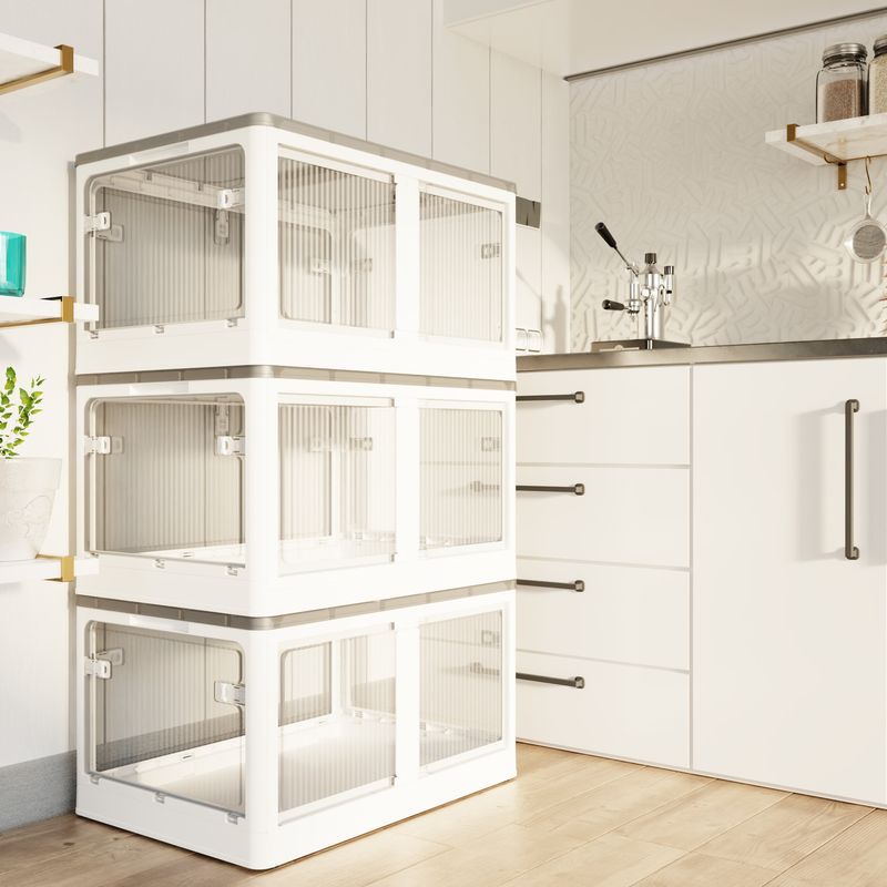 384QT 3-Pack Transparent Stackable Storage Bins With 5 Doors To Open With Wheels, Folding Plastic Craft Containers Large Closet Organizers Box For Bedrooms Living Rooms Study Kids' Toys, White_voghion.com