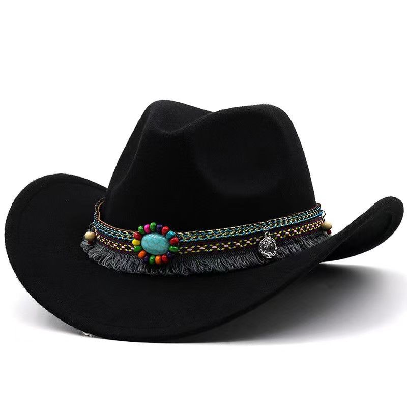 Enkel, opadvendt ulden jazz engelsk tophat, etnisk stil bælte, ensfarvet western cowboyhat_voghion.com