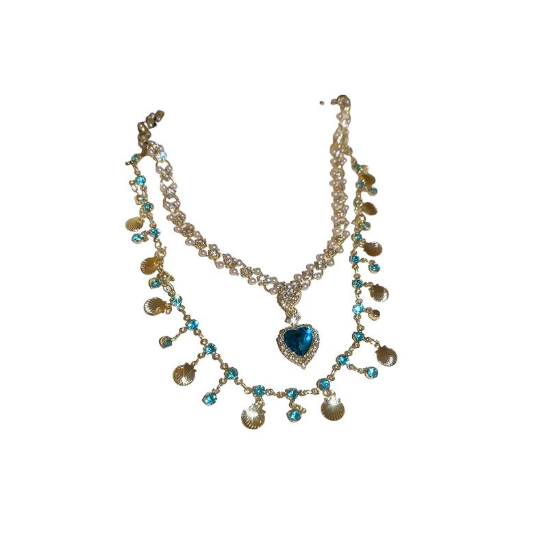 Ciondolo a forma di cuore con conchiglia tempestata di diamanti, collana di perle, nicchia, alta bellezza, versatile, catena per clavicola, leggero_voghion.com