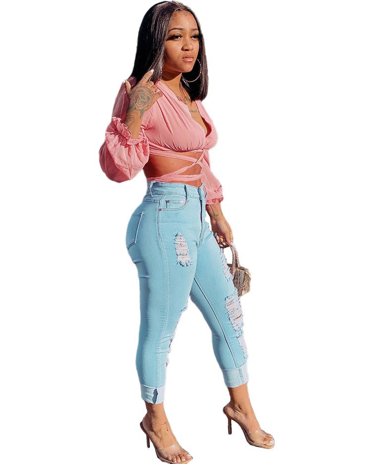 T-shirt top lace-up manica lunga chiffona a maniche lunghe con scollo a V in tinta unita a manica soffiata moda donna_voghion.com