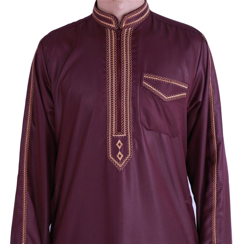 Men's Clothing Men's Muslim Robe Stand Collar Printed Ethnic Style Loose And Comfortable Jumpsuit_voghion.com