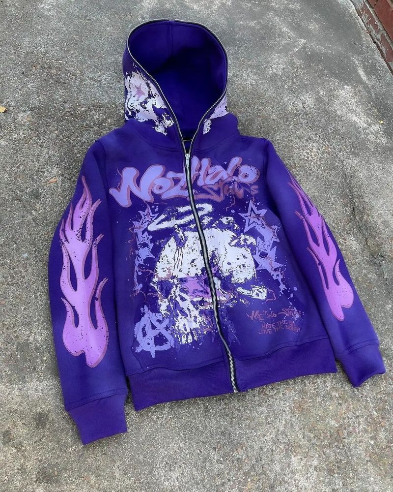 Y2k Retro Streetwear Hoodie With 3d Cartoon Print, Zip-up Oversized Pullover For Hip-hop & Dark Aesthetic Fashion_voghion.com