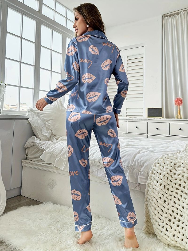 Luxury Blue Lip Print Silk Sleepwear Set - V-Neck Long Sleeve Pajamas For Women, Lightweight & Breathable, Home & Lounge Wear_voghion.com