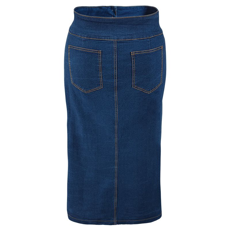 Plus Size High Waist Denim Skirt With Button Front – Fake Pocket Detail, Stretch Comfort (1XL-5XL, Bluish) – Casual_voghion.com