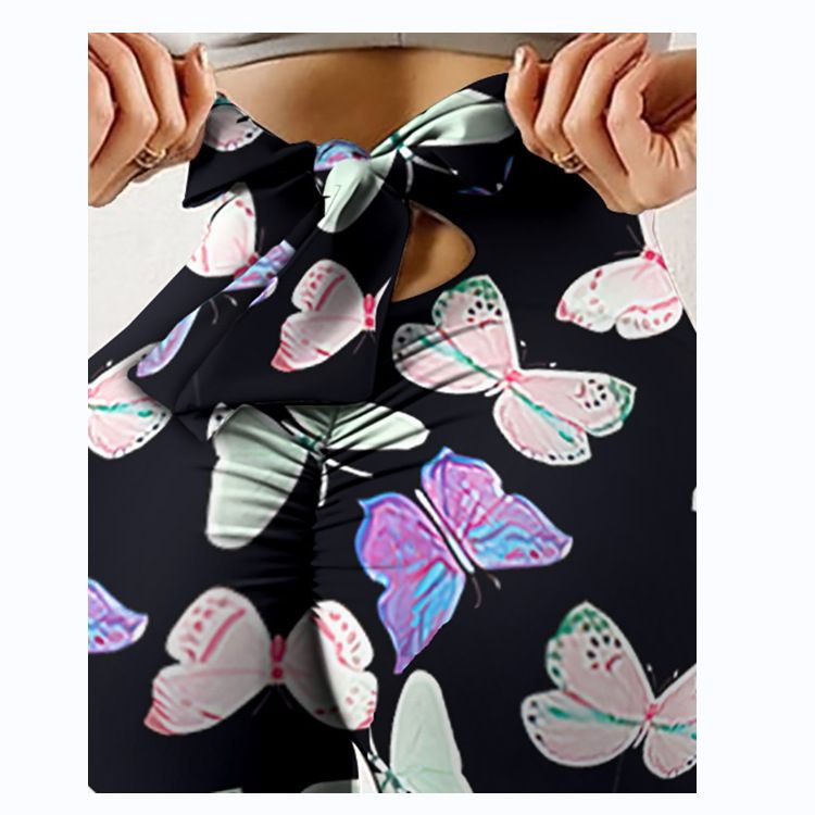 Pantaloni da yoga da yoga da donna con stampa multicolore antirughe sull'anca, dimagranti a vita alta, con fiocco elasticizzato_voghion.com