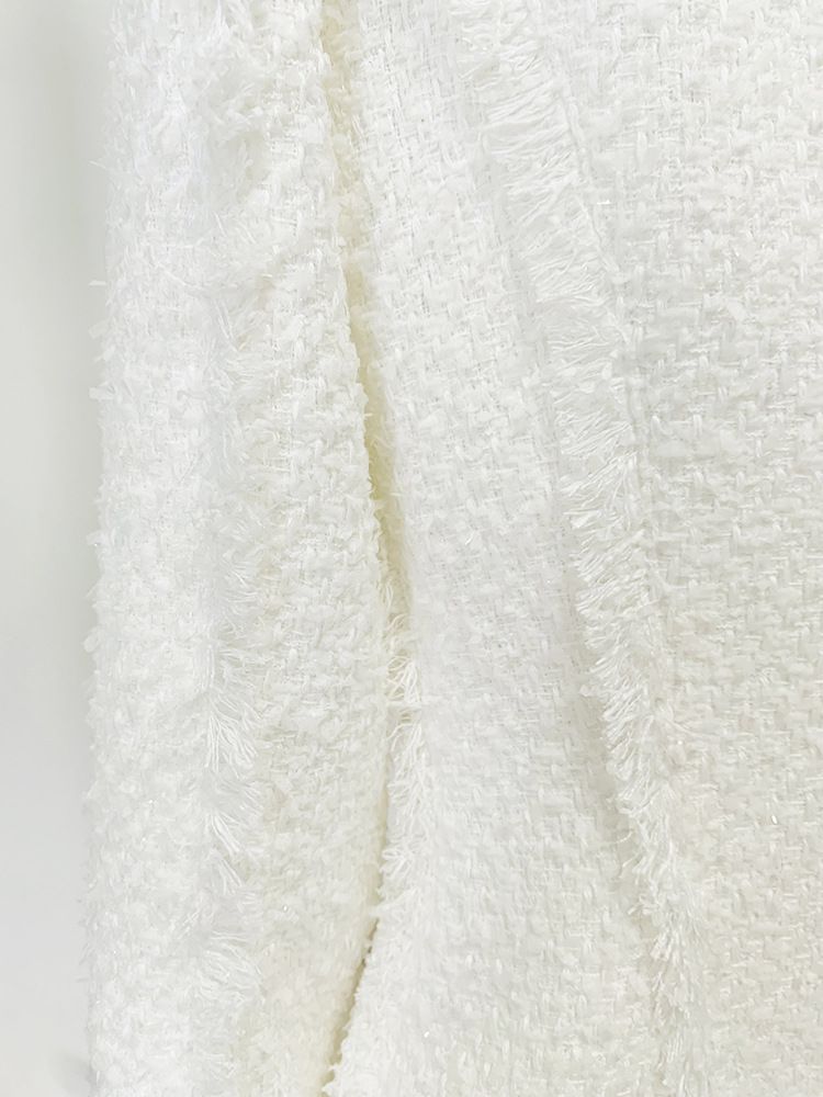 Damenbekleidung: Schicke, mit schweren Kettenperlen verzierte Tweedjacke mit Fransendetails – elegante Bürokleidung für Damen (Weiß, S/M/XL/XXL)_voghion.com