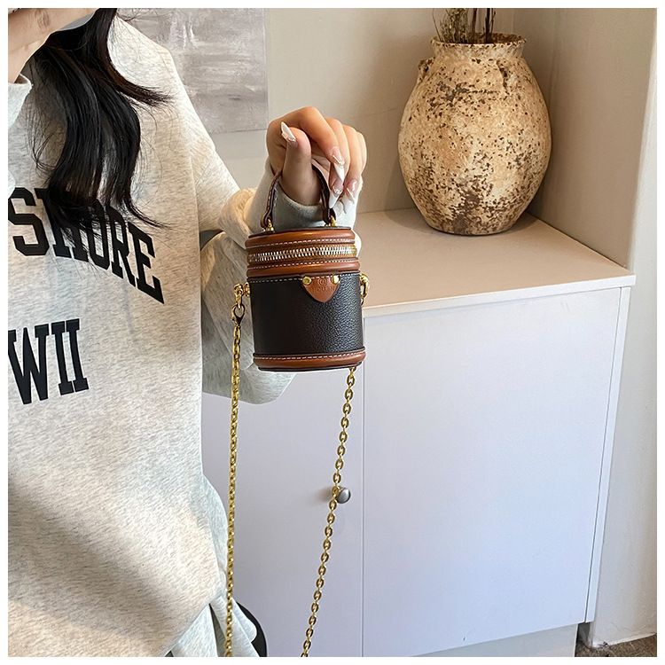 Borsa a secchiello da donna, mini borsa a secchiello rotonda con contrasto di colore, stile per famiglie, da portare a mano, piccola borsa a tracolla color rossetto, da donna_voghion.com