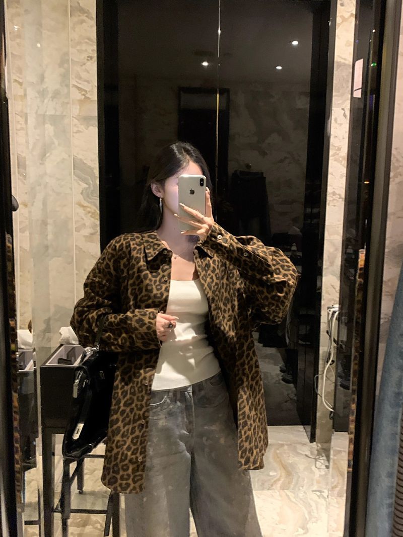 Giacca oversize casual con stampa leopardata per donna, stile americano autunnale, vestibilità ampia e dal design unico_voghion.com