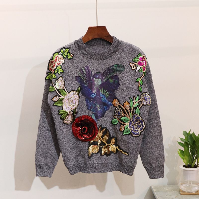 Damen-Pullover mit Pailletten und Blumen, langärmelig, Pullover, Hose mit kleinen Beinen, modischer Anzug für Damen_voghion.com