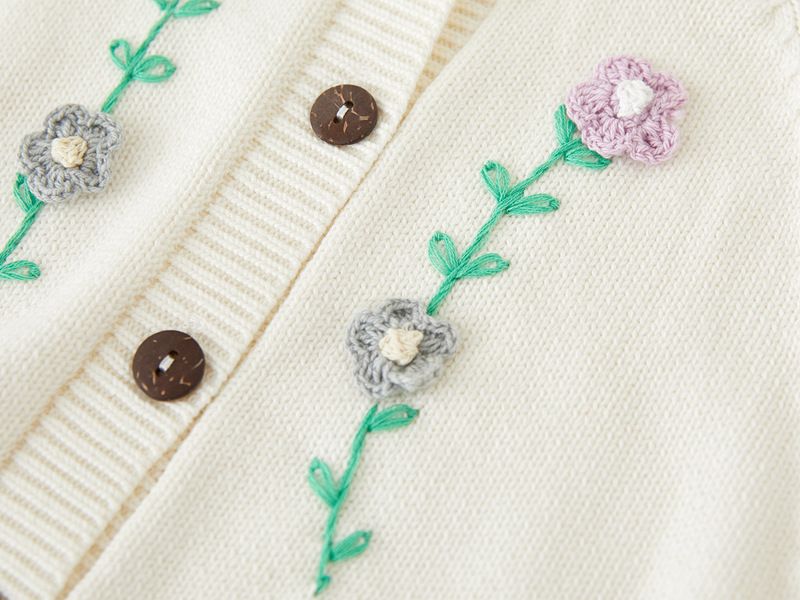 Handbestickte Strickjacke für Mütter und Kinder, für Kleinkinder und kleine Mädchen, weicher Baumwollpullover mit offener Vorderseite und Blumenmuster (90–140 cm, Weiß/Marineblau/Rot)_voghion.com