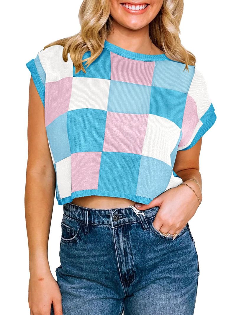 Women's Cropped Short Sleeve Knit Sweater With Color Block & Checkerboard Design - Round Neck, Oversized Fit, Breathable Fabric_voghion.com
