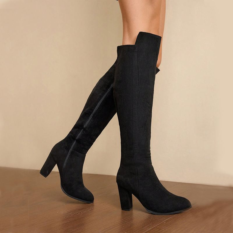 Neue Socken für Damen im Herbst und Winter, Overknee-Stiefel aus Wildleder, elastisch, klobiger Absatz, runde Zehenpartie, schlankmachende lange Stiefel_voghion.com