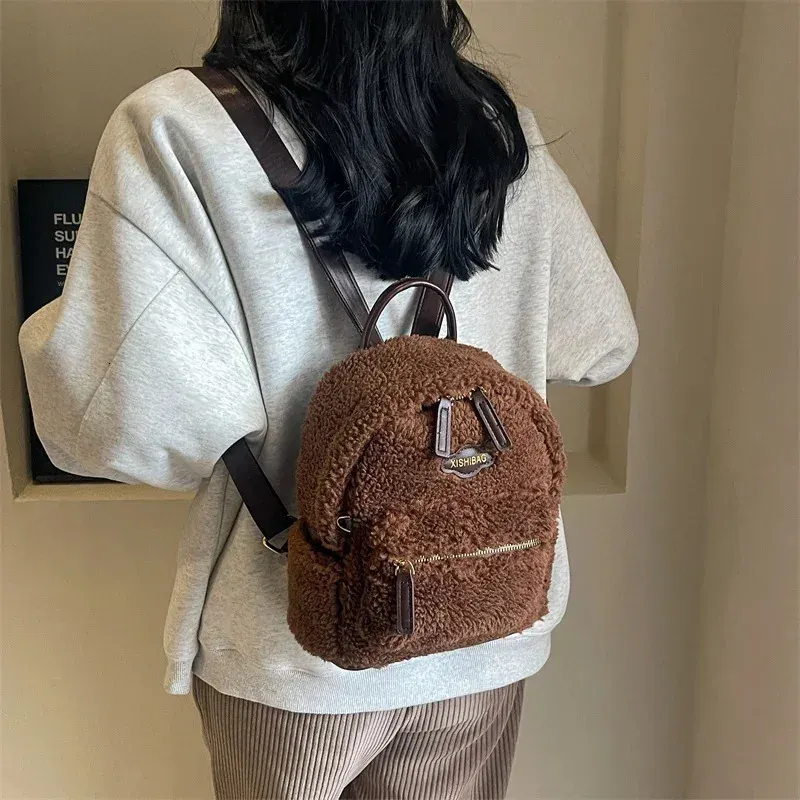 Coffee Khaki Plush Fashion Crossover Shoulder Bag Womens Er Artificial Fur Handbag Anti-theft Travel Backpack 241122_voghion.com