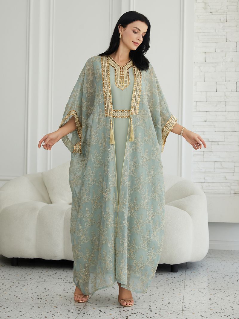 Elegantes, besticktes Abaya-Kleiderset mit Weste aus Dubai für Muslime – langärmliges Maxikleid mit Blumenspitze für Damen (Hellgrün, M/L/XL/XXL)_voghion.com