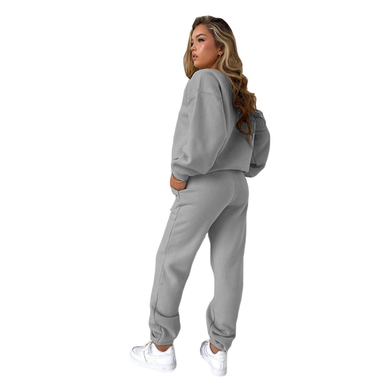 Zweiteiliges Damen-Set mit bedrucktem Kapuzenpullover und Rundhalsausschnitt_voghion.com