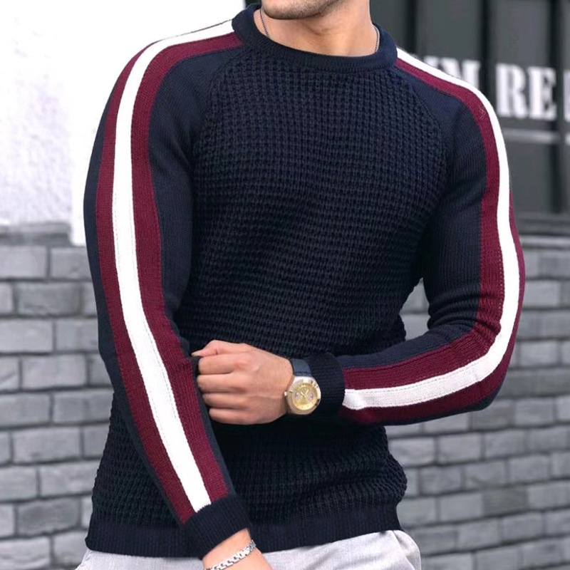 Menswear Autumn And Winter Waffle Long Sleeve Crew Neck Shirt Men's Contrast Color Slim Fit Bottom Sports Casual Sweater Men_voghion.com