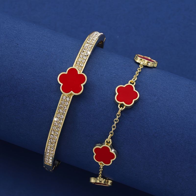 Bijoux pour femmes, bracelet à cinq pétales serti de diamants, ensemble de deux pièces, bracelet trèfle à cinq feuilles porte-bonheur haut de gamme_voghion.com