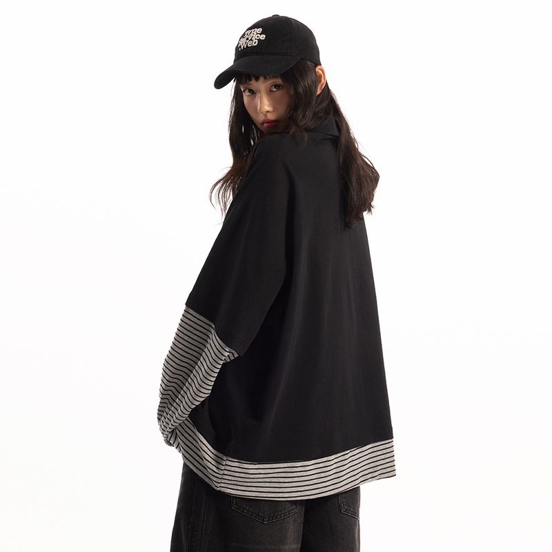 Zweiteiliges gestreiftes Patchwork-Sweatshirt mit Umlegekragen für Männer und Frauen, Frühlings- und Herbstkleidung, fauler Stil, locker_voghion.com