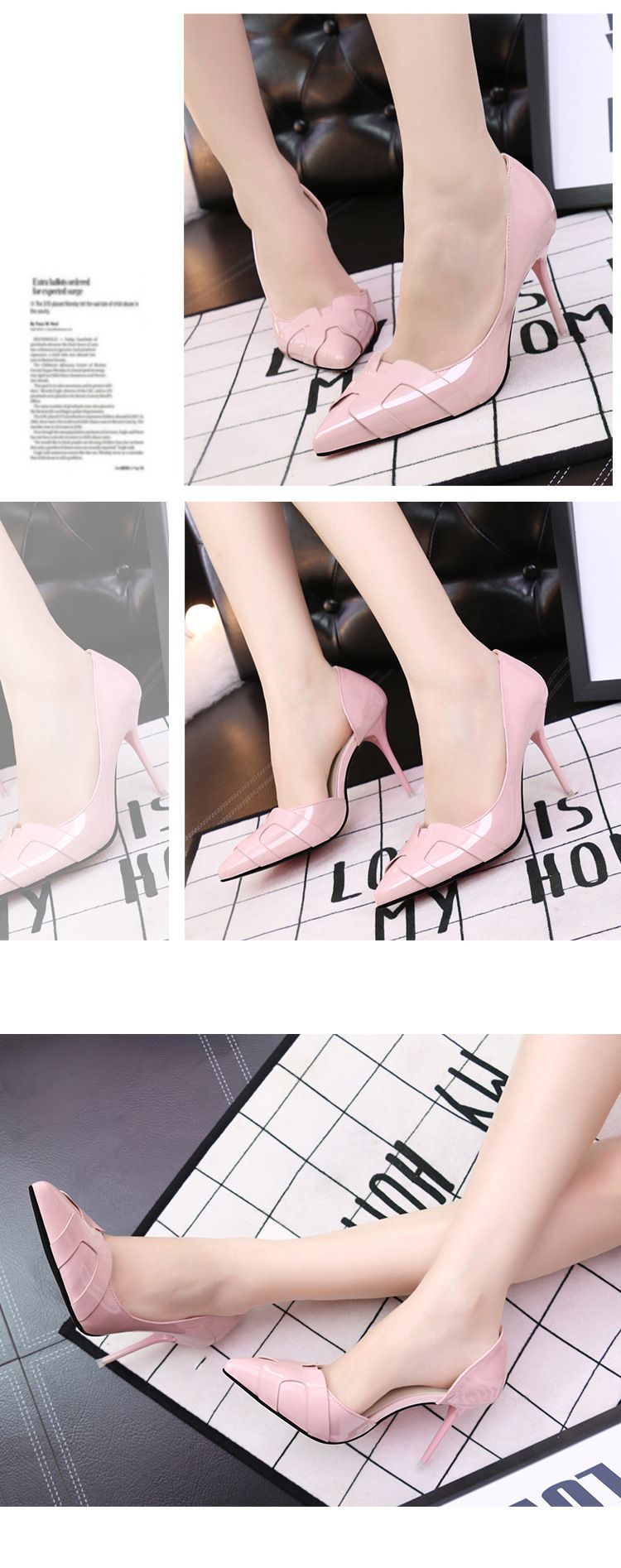 6090-1 Korean version slimming women's shoes with thin high heels, side hollowed out pointed solid color patent leather,_voghion.com