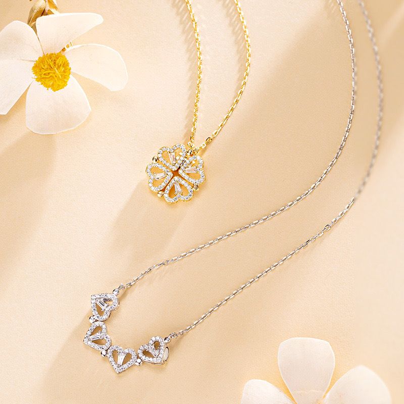 Four-leaf Clover Micro-inlaid Zircon Pendant Light Luxury Niche High-end Versatile Magnetic Heart-shaped Necklace For_voghion.com