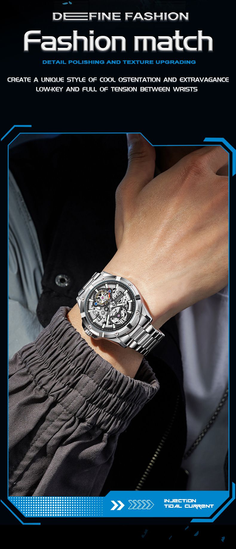 Orologio meccanico scheletrato automatico da uomo con lancette luminose, cinturino in acciaio inossidabile, quadrante rotondo da 42 mm, resistente all'acqua fino a 30 m, completamente automatico_voghion.com