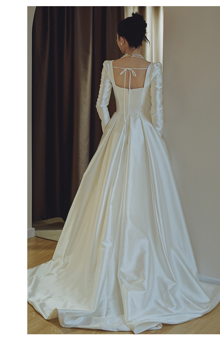 Satin-Hochzeitskleid Braut 2024 neues französisches einfaches Retro-Langarm-Hochzeitskleid Nischen-Willkommens-Abendkleid_voghion.com