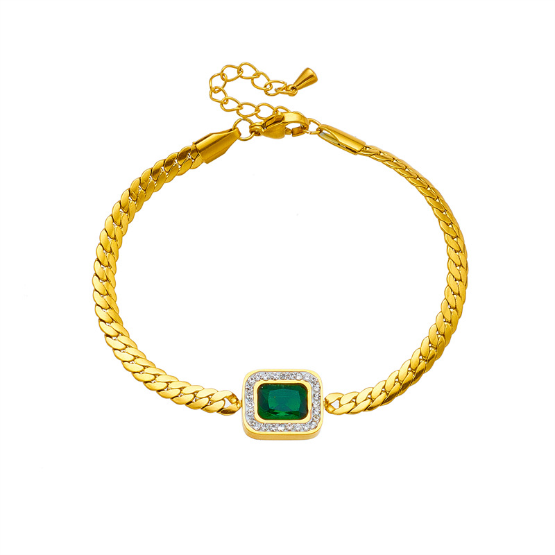 Bracciale in acciaio al titanio intrecciato con pietre preziose squadrate verdi retrò, temperamento di fascia alta, personalità semplice, nicchia della moda europea e americana_voghion.com