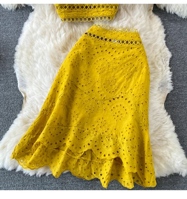 Women's Backless Short Tube Top Camisole Top Two-piece Suit 1 Waist Ruffle Skirt_voghion.com