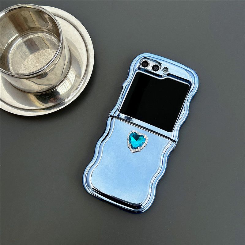 Suitable For Samsung Z Flip 5/4/3 Case With 3D Gem Heart – Cute TPU Shockproof Cover + Detachable Chain (Grey/Blue) – Trendy Flip Phone Accessory_voghion.com