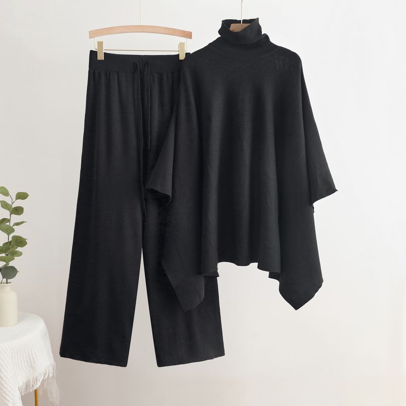Damenbekleidung Herbst und Winter neuer zweiteiliger Anzug hoher Kragen Umhang einfarbig gestrickter Pullover elastische Taille Hose mit weitem Bein Temperamentanzug_voghion.com