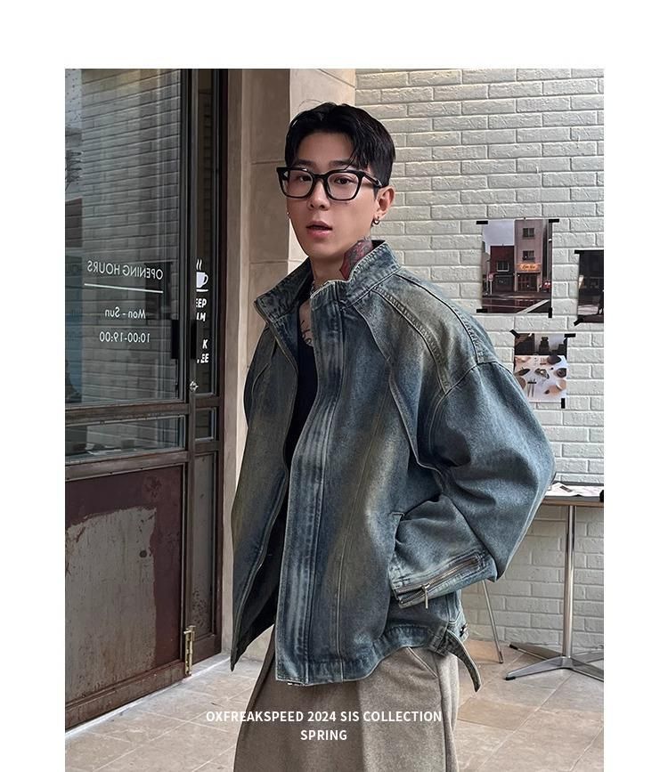 Men's Clothing Retro Deconstructed Raw Edge Washed Denim Jacket Street Zipper Stand Collar Motorcycle Jacket Short Tassel_voghion.com