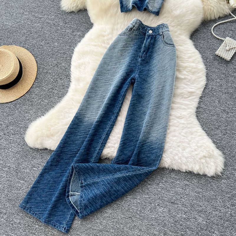 Damenbekleidung, Freizeitanzug für Damen im Sommer, hochwertige, ärmellose Weste mit Farbverlauf, gerade Jeanshose mit hoher Taille und weitem Bein_voghion.com