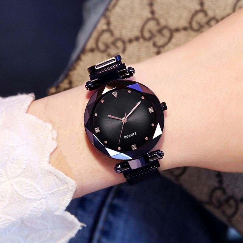 Yamaler Women Starry Sky Cut Dial Rhinestone Index Magnet Band Analog Quartz Wrist Watch_voghion.com