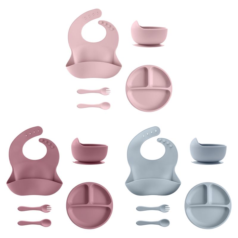 Juego de 5 piezas de alimentación de silicona para bebés, plato de comedor redondo, tazón con ventosa, platos para niños, babero impermeable, vajilla para niños, taza con pajita_voghion.com