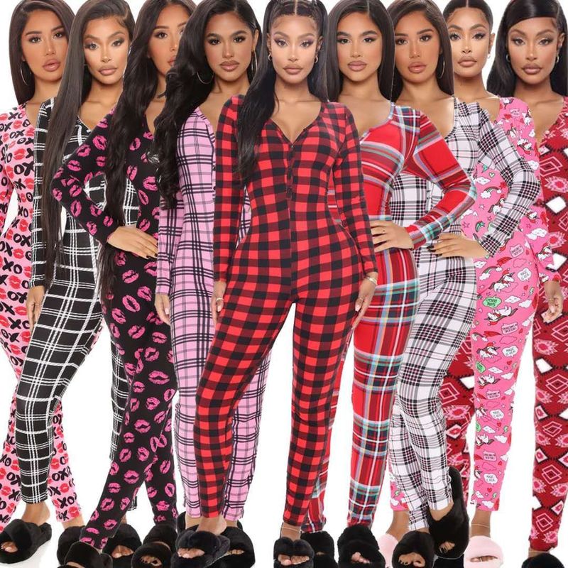 Women’s Printed V-Neck Jumpsuit Pajamas – Long Sleeve & Pant Comfortable Loungewear – Stylish Cotton-Blend Romper For All Seasons_voghion.com