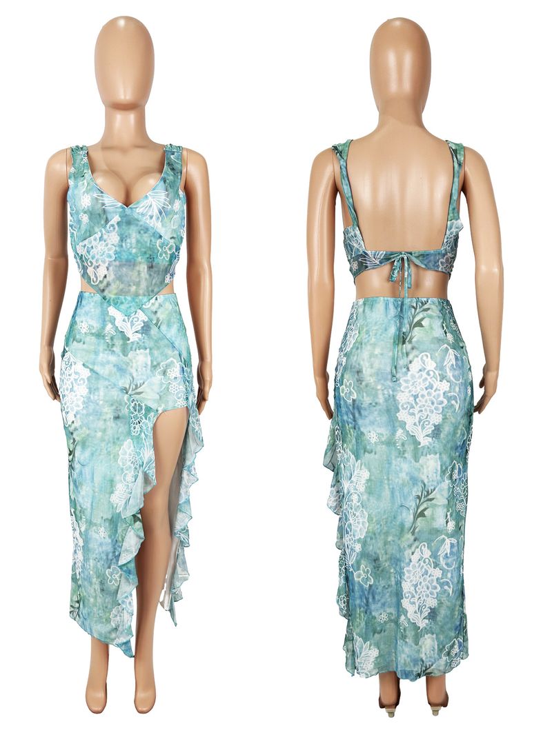Conjunto sexy de 2 piezas para vacaciones de verano para mujer, camisetas sin mangas con cuello en V irregulares y faldas largas con abertura, atuendos a juego de medianoche._voghion.com