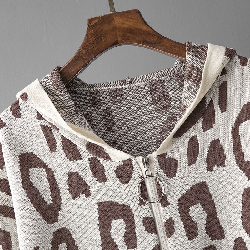 Completo autunnale da donna con cappuccio in maglia - Completo da 3 pezzi con stampa leopardata e a quadri, comodo maglione con cappuccio a maniche lunghe + pantaloni a gamba larga, coordinati casual alla moda_voghion.com