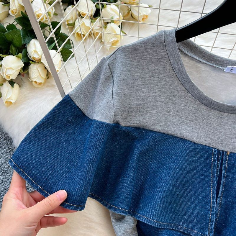 Nischen-High-End-Zweiteiler-Spleißen-Jeanskleid für Frauen Koreanische Version des Retro-Temperaments mit gerüschter Taille_voghion.com